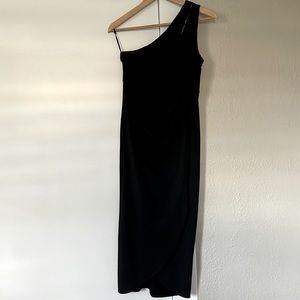 Black, one shoulder dress.